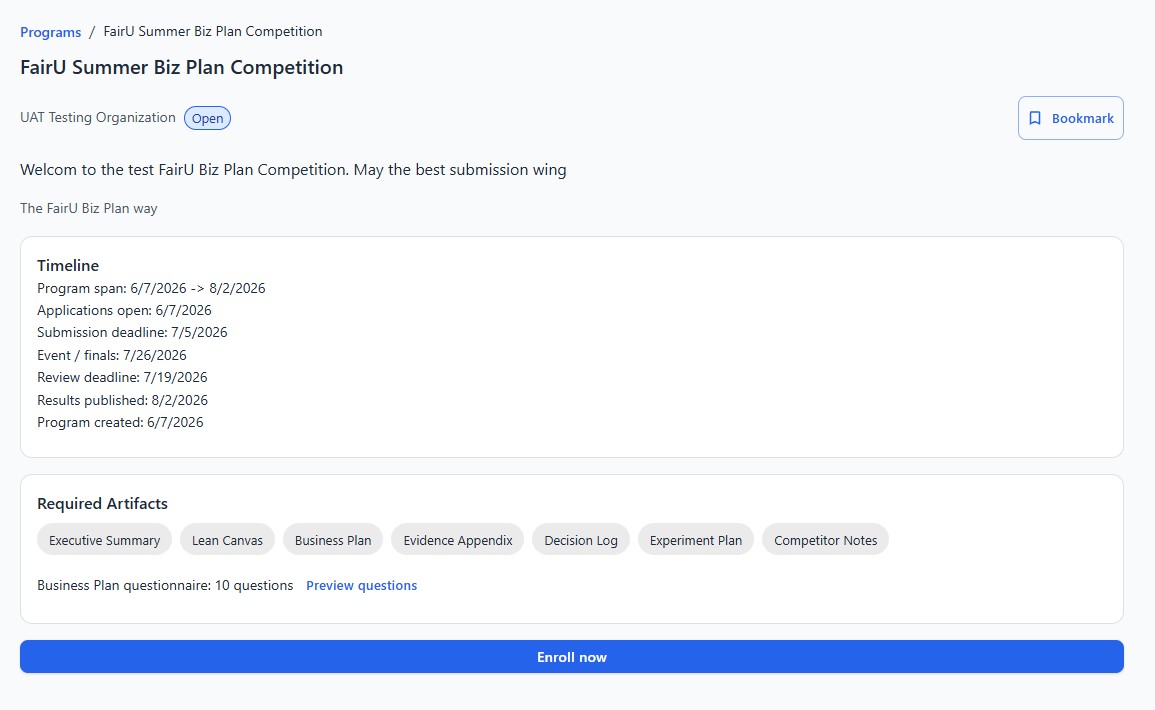 Program dashboard showing standardized founder submission progress.