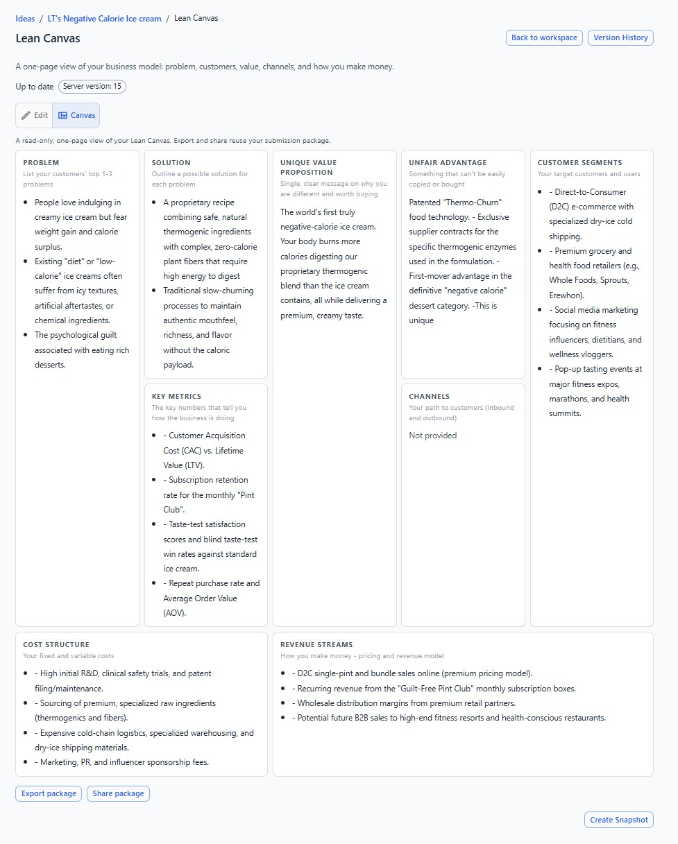 Lean Canvas draft showing the core parts of a startup idea.