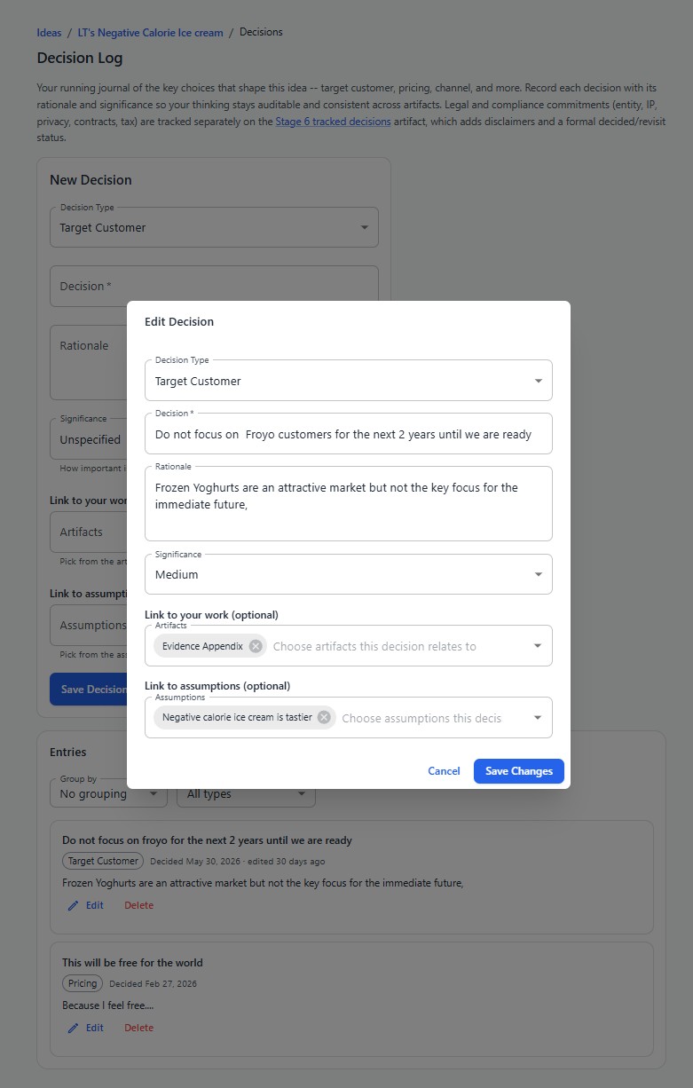 Decision Log showing why a founder made a choice and what proof supports it.