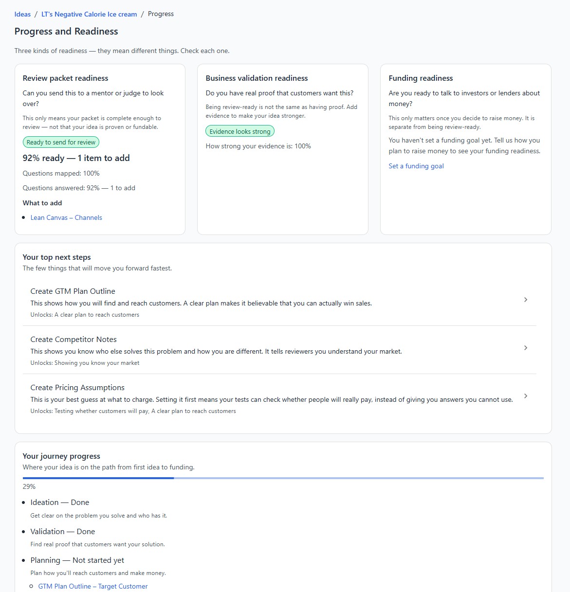 Review readiness screen showing gaps and next steps for a founder package.