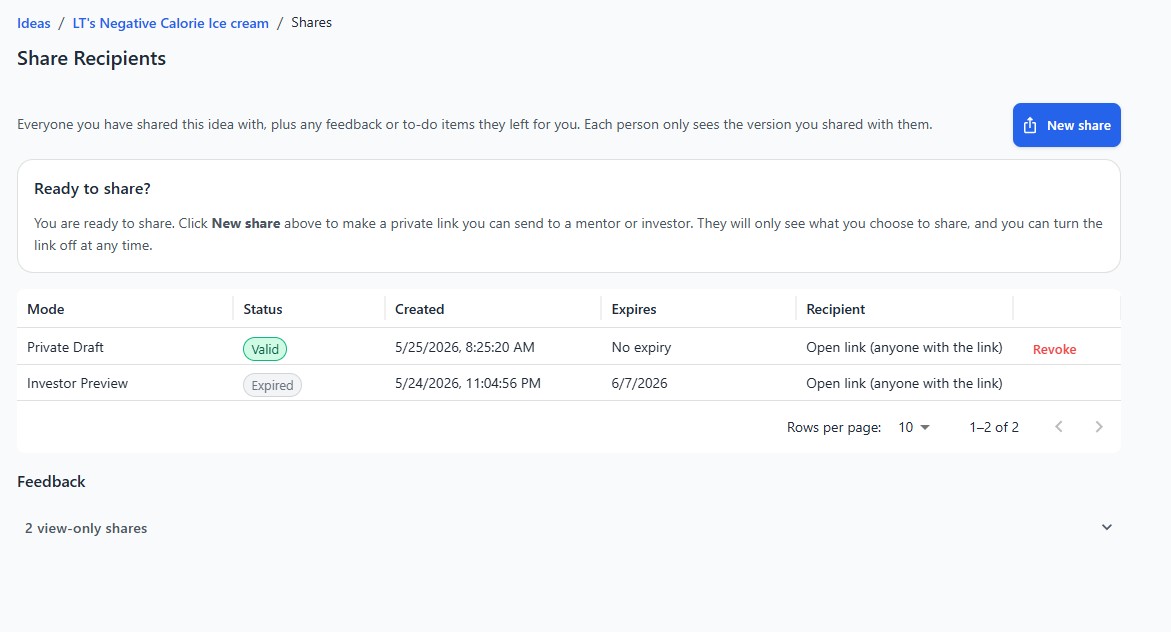 Secure review package where a mentor can review founder work and leave feedback.